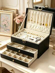 1/2/3-Layer Lockable Jewelry Box, Necklace, Ring, Earring Storage Organizer, Women's Back-To-School Gift - Black - View 2