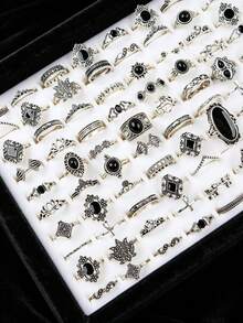 20pcs Gothic Vintage Silver Black Raw Stone Rings, Bohemian Hollow Floral Carved Stackable Finger Rings, Women's Daily Party Jewelry Gift - Black Stone Ring - View 6