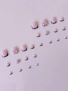 24PCS Short Square Toe Nails White French White Small Flower Gradient 3D Diamond Toe Nail Set Wedding Wearable Nails With 1 File 1 Jelly Glue Suitable For Women's Daily And Party Wear - Multicolor - View 2