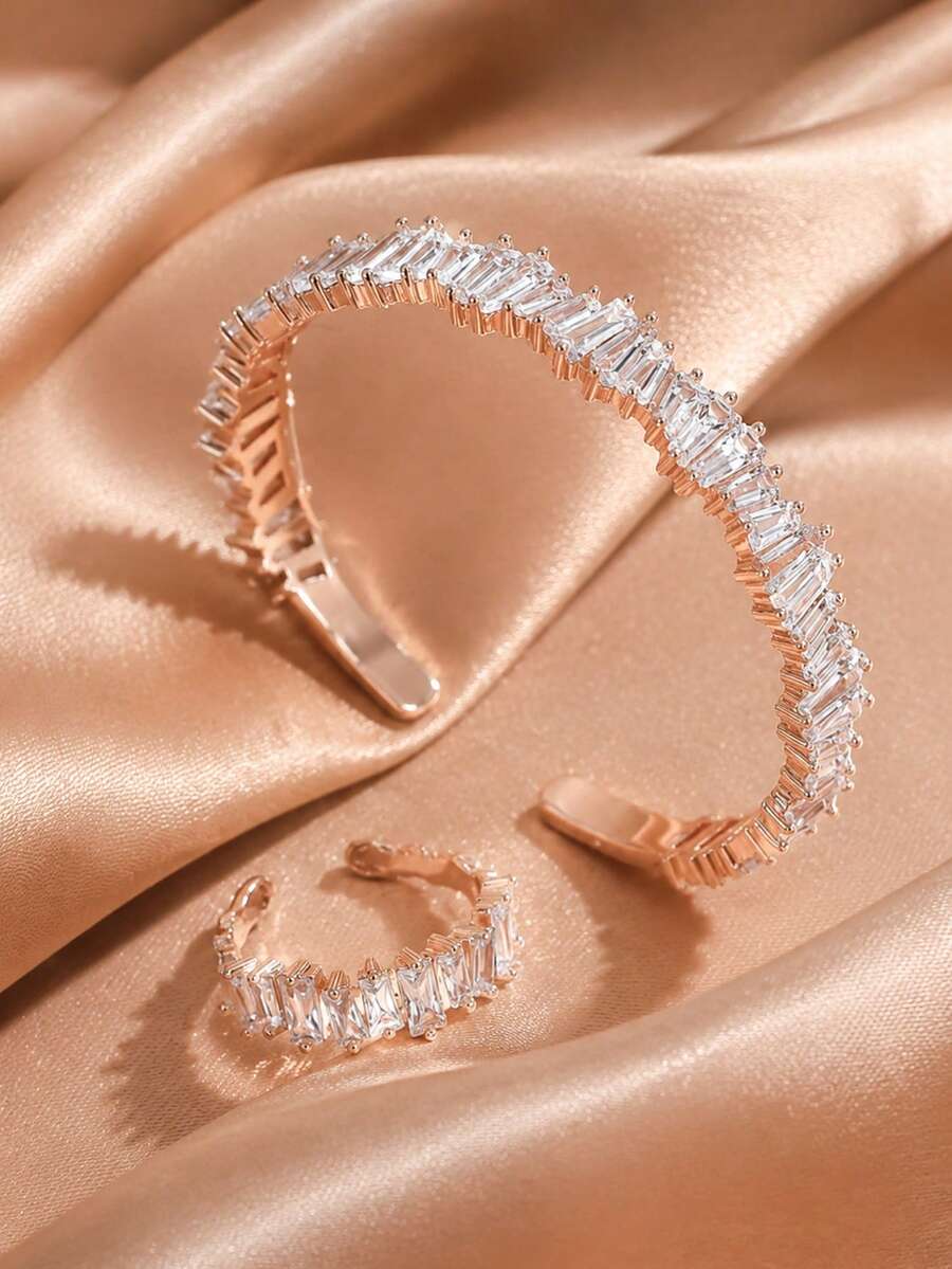 rakol 2pcs Fashion Cubic Zirconia Asymmetrical Square Decor Rose Gold Open Ring & Bracelet Set - Rose Gold - View 1