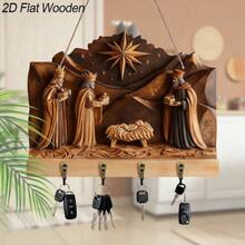 2D Flat Birth Scene Key Holder, 4-Hook Christmas Wall-Mounted Key Rack, Suitable For Entryway_Wall_Porch_Indoor_Home Decor, Housewarming Gift, Christmas & Easter Home Decoration - View 2