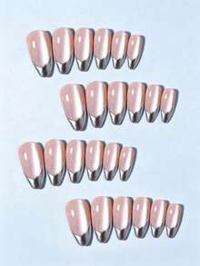 24 Pcs Long Almond 3D Gel Nails Kit, French Cat Eye Design Silver French Nail Patches, Medium Size Perfect Fit, Includes 1 Double-Sided Adhesive And 1 Nail File - Silver - View 3