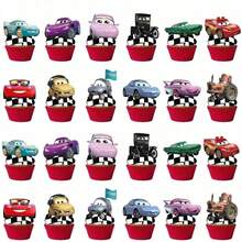 DOBBLE Juego de adornos para tartas con patrón de coche de carreras de dibujos animados, estilo bandera a cuadros, adornos para cupcakes de feliz cumpleaños para fiesta temática de carreras para niños - Multicolor - Ver 9