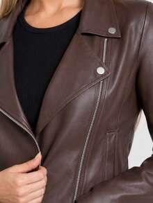 Women's White Leather Jacket With Long Sleeves, Stylish Blazer Coat For Cold Winter, Black Jacket For June Festivals. - Rust Brown - View 4