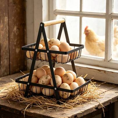 shenghuochuangyi Rust Resistant Carbon Steel 2 Tier & 3 TierEgg Storage Basket With Wooden Handle, Squeeze Resistant Countertop Egg Organizer, Space Saving A Frame Farmhouse Egg Gathering Holder For Kitchen Counter