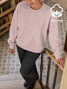 Women's Autumn Long Sleeve Crew Neck Cotton Pullover Sweatshirt, Ribbed Knit Regular Hem Casual Top - Pink - View 3