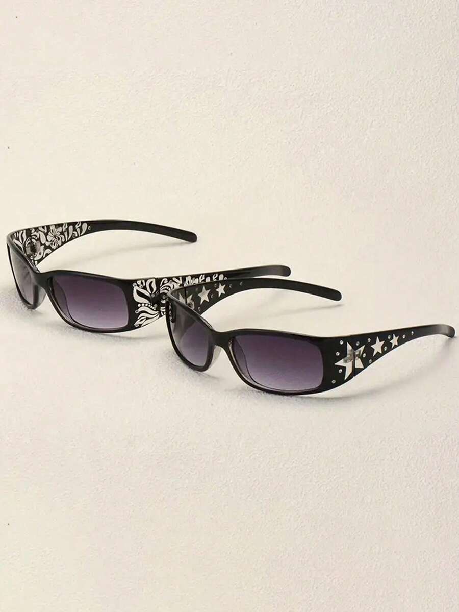1pc/2pcs Women's Black Rhinestone Star Pattern Versatile Y2K Style Fashion Sunglasses Suitable For Daily Wear And Party - 2-pack (Black Pattern + Black Stars) - View 1