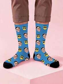 Custom Face Print Graduation Mid-Calf Socks, Blue Graduation Cap Personalized Photo Mid-Calf Socks, Humorous Graduation Party Gift For Him - Multicolor - View 2