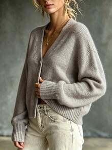 Women's V-Neck Solid Color Button Long Sleeve Soft Comfortable Minimalist Casual Versatile Knit Cardigan, Suitable For Daily Outings And Home Wear - Grey - View 5