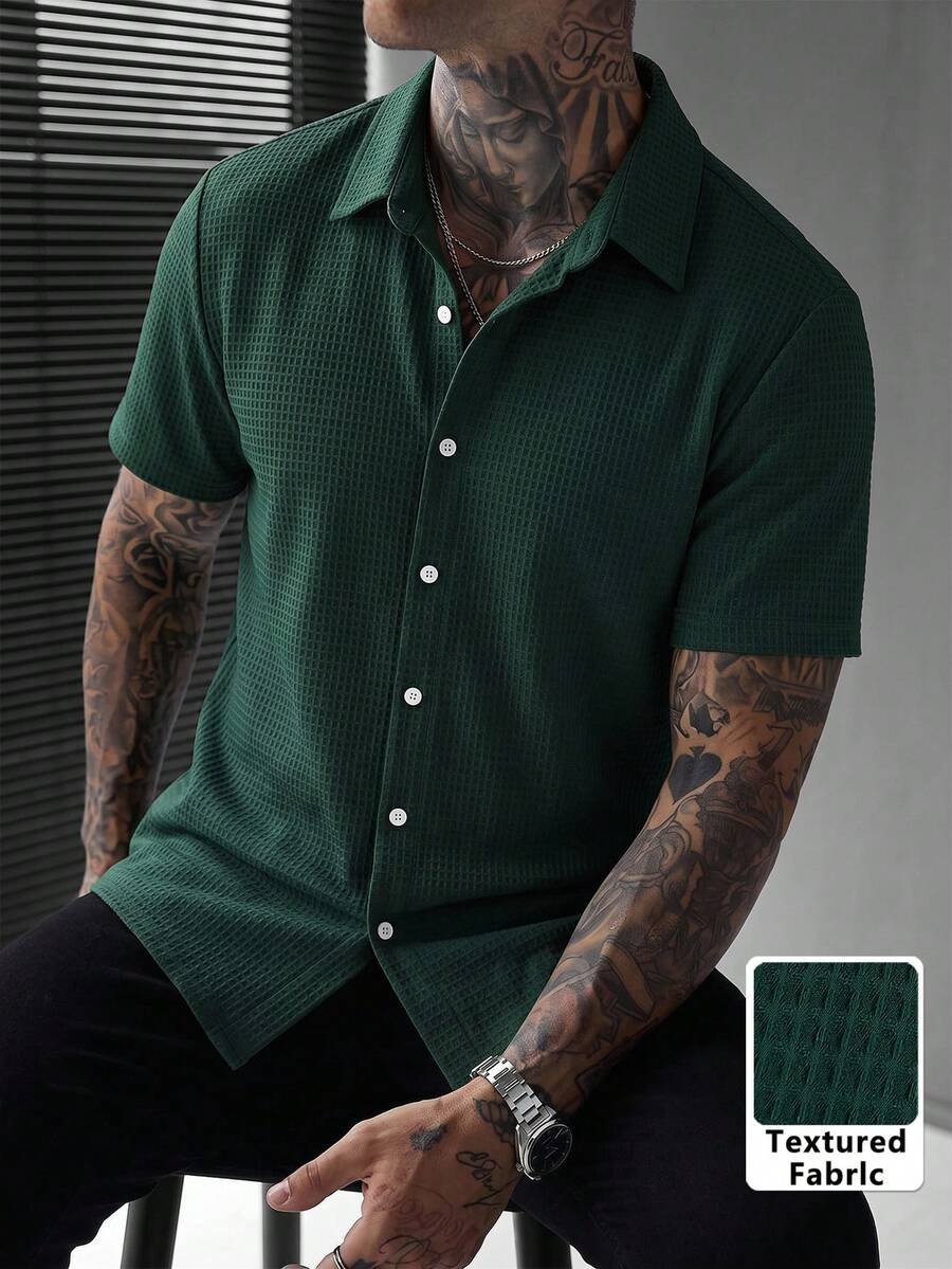 Men's Waffle Textured Solid Color Short Sleeve Single Breasted Shirt With Collar, Spring/Summer