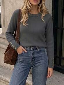 Suéter básico de mujer acanalado, cálido y suave, ajuste ceñido, otoño/invierno - Gris - Ver 2