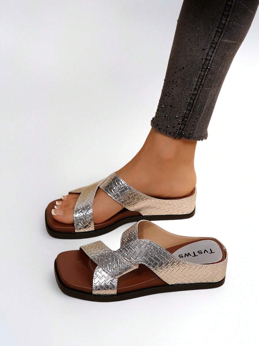 Women's Summer Punk Style Multi-Color French Vintage Flat Slide Sandals, Soft Sole Non-Slip One-Strap Square Toe Metal Buckle Casual Commute Beach Slippers - Silver - View 1