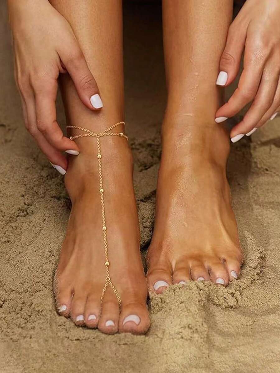 1 buah Gelang Kaki Rantai Manik-Manik Bertumpuk Dua Lapis Emas Gaya Bohemian untuk Wanita, Terbuat dari Baja Tahan Karat, Gaya Liburan yang Dipersonalisasi - Emas - View 1