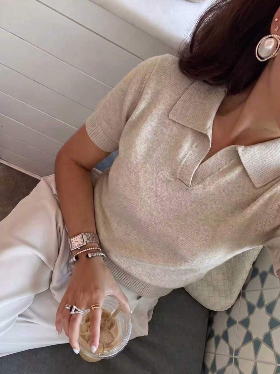 Daleeva 女士新款翻领短袖针织衫,法式风格,适合日常和工作穿着,春夏款 - 燕 - 查看 1