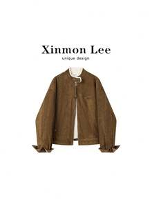 Korean Style Vintage Fleece Suede Lamb Wool Jacket Solid Color Zipper Jacket Daily Office Campus Autumn Winter - Coffee Brown - View 3
