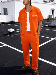 Men's Casual Commuting Outdoor Leisure Running Short Sleeve Utility Shirt And Pants Set - Orange - View 2