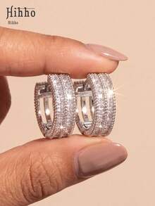 Hihho 2pcs/Set Beaded Double-Row Zirconia Inlaid Wide Gold-Tone Ear Cuffs, Vintage Luxury Full Rhinestone Exquisite Versatile Silver-Tone Hoop Earrings - Beaded Hoop Earrings - View 2