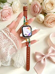 1pc Girls Kids Star Crystal Beaded Leather Watch Band Compatible With Apple Watch 41mm 40mm 38mm AppleWatch Leather Strap Elastic Casual Band Series11 10 9 8 7 6 5 4 3 2 1 SE Suitable For Stepless Adjustment Soft Smart Watch Band - Multicolor - View 4