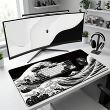 Black & White Ukiyo-E Wave Extra Long Gaming Mouse Pad & Desk Mat Set, Non-Slip Durable Rubber Base, Smooth Surface, Suitable For Computer Laptop Office Home, Abstract Art Decor, Back To School Supplies - A - View 5