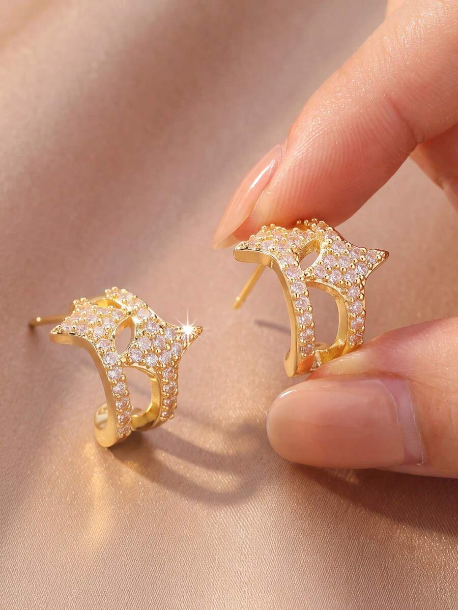 1 Pair/Luxury Style Gold & Silver Dual-Tone Plated Hollow Full-Pave Zirconia Star Half-Hoop Stud Earrings, Women's Daily Commute Date Birthday Valentine's Day Gift Earrings - Multicolor - View 1
