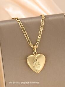 1pc 14K Gold Plated Copper Heart-Shaped Openable Pendant Necklace, Embossed Sacred Heart Pendant With Classic Figaro Chain, Suitable For Christmas/Thanksgiving/Halloween/Mother's Day/Valentine's Day Couples/Friends/Fellow Believers Gift, Catholic First Communion, Gift, Daily And Holiday Wear Prayer - Yellow Gold - View 12