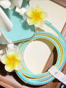 1 Set TPU Flower Data Cable Protector, Protects Data Cable, Made Of Durable ABS Material - Suitable Compatible With Apple 18W/20W Charger, Protects Charging Phone Cable From Damage - Yellow Gardenia - View 8