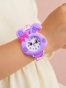 3D Soft Silicone Strap Cartoon Butterfly & Rabbit Kids Watch, Rabbit Ear Quartz Wristwatch Creative Gift For Girls - Purple - View 9