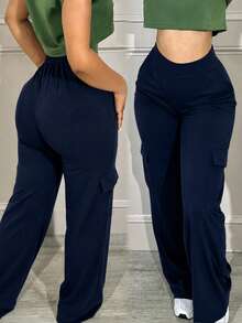 VIVINA Women's Solid Color Cargo Pocket Casual Straight Leg Pants, Navy Blue Versatile Long Pants, Autumn Long Pants - Navy Blue - View 5