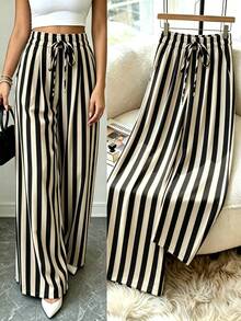Summer Women's Casual Striped Drawstring Long Pants, Street Style Suitable For Commuting, Dating Outfits, Daily Wear - Khaki - View 7