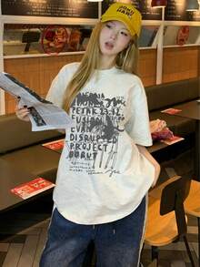 Kaos Wanita Gaya Jepang Model Jepang Longgar Leher Bulat Lengan Pendek dengan Cetakan Huruf, Kasual Musim Panas - Abu-abu muda - View 3