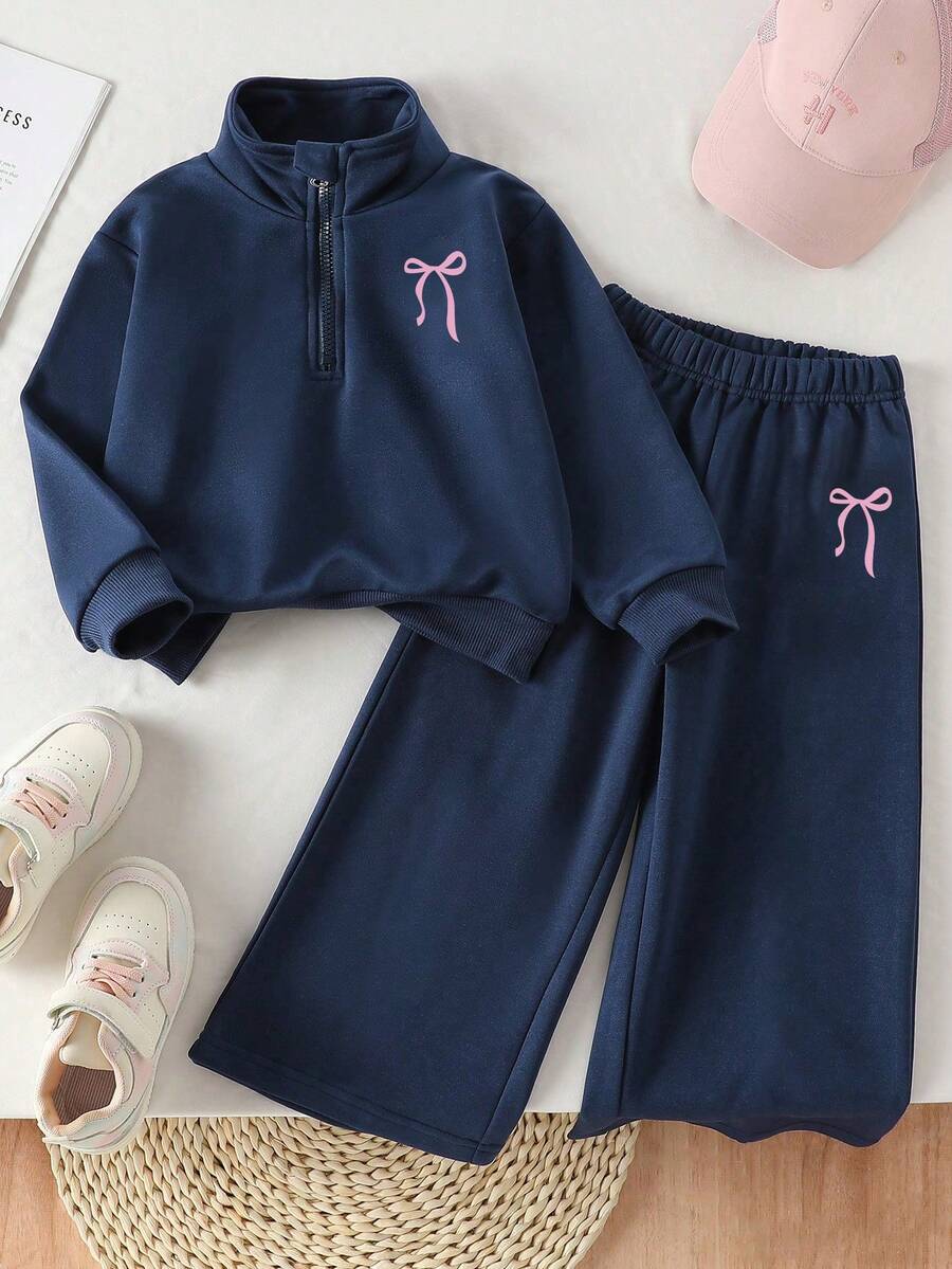 青少年女孩卡通熱轉印印花純色運動服套裝，極簡設計，舒適適合春秋冬季，2件套 - 寶藍色 - 查看 1