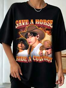 Retro 90s Save A Horse Ride A Cowboy Taehyung Multi Cowboy Hat Portrait Lightning Retro Bootleg Graphic Casual Tee - 黑色 - 查看 1