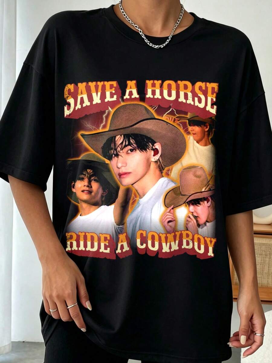 Retro 90s Save A Horse Ride A Cowboy Taehyung Multi Cowboy Hat Portrait Lightning Retro Bootleg Graphic Casual Tee - 黑色 - 查看 1