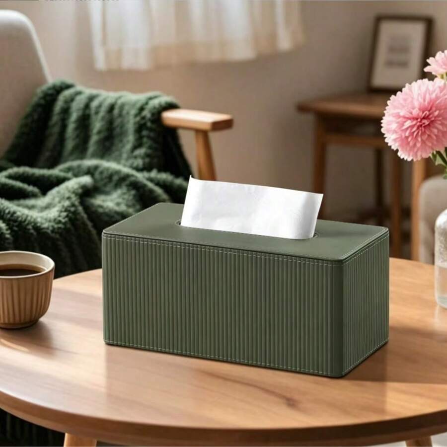 Deep Green Striped Wooden Tissue Box, Rectangular Style, Suitable For Car, Living Room, Bedroom And Bathroom. - Multicolor - View 1