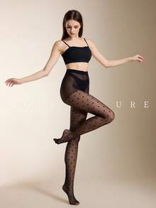 MOIRÉALLURE 1pc Solid Color Suitable For Daily Life Fashion Jacquard Tights - Black - View 8
