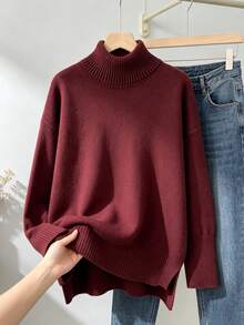 女款寬鬆高領毛衣，保暖休閒長袖上衣，秋冬季 - 酒紅色 - 查看 12