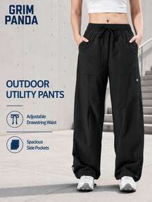 GRIM PANDA Women's Quick-Dry Hiking Pants, Ice Silk Wide Leg Pants, Adjustable Ankle And Drawstring Waist, Elastic Cargo Pants, Suitable For Camping - Black - View 2