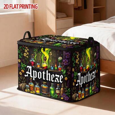 1pc Large Foldable Zipper Storage Box, 2D Cartoon Vintage Magic Potion Shop Pattern Storage Box, Premium Style Element Print, Perfect For Travel, Bedding And Wardrobe Organization Solution,Bedroom Room Decor,Back To School