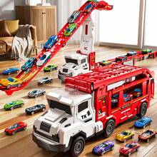 TEMI Truk Mainan Anak 2-in-1 dengan Dua Jalur, Cocok untuk Anak Usia 3 Tahun ke Atas, Termasuk 12 Mobil Kecil, Tinggi Dapat Diatur dan Dua Jalur Dapat Diperpanjang, Hadiah Ulang Tahun dan Natal yang Ideal - Merah - View 2