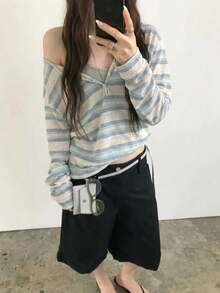 YCYC Korean Style Loose Fit Versatile Color Block Striped Sun Protection Long Sleeve Top For Women, Random Stripe Placement - Blue - View 4