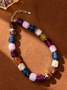 1/6 pièces Collier de perles carrées épaisses en PMMA de style bohème, pour femmes, vacances d'été/tenue de fête, cadeau de bijoux de mode pour la famille et les amis - Collier carré à perles dorées - Voir 26