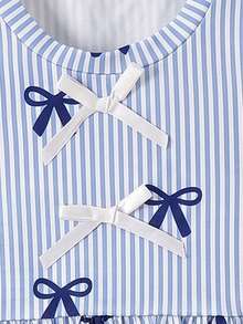 2pcs/Set Young Girls Bow Ribbon Decor Ruffle Striped Round Neck Long ...