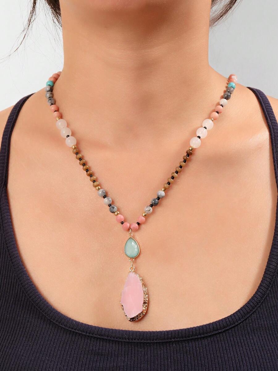 Vintage Colorful Asymmetrical Necklace, Luxury Retro Choker - Pink - View 1