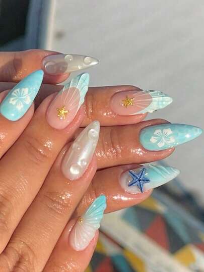 24 pièces/set Faux ongles de forme amande française, style océan élégant, avec étoiles de mer 3D, gouttes d'eau et fleurs, portables, couverture complète, inclut 1 pièce de colle gelée et 1 pièce de lime à ongles, ajoute une atmosphère romantique