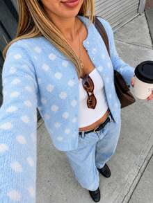 FOR BEAUTY Fall Winter Women Cardigans Y2K Elegant Cute Light Blue Polka Dot Crew Neck Button Down Knit Cardigan Tops Casual Party Going Out Outfits - Blue and White - View 6