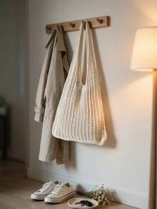 Bolso de hombro de gran capacidad, tejido a ganchillo, versátil y casual - Beis - Ver 3