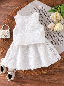 2pcs/Set Girls Elegant Chic White Vest Top And Skirt Set, Summer - White - View 3