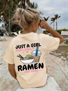 This Rose Red Casual Crew Neck T-Shirt Is Designed For Girls And Features A Creative Ramen Letter Pattern, Making It A Perfect Choice For Every Little Girl's Wardrobe. - Apricot - View 2
