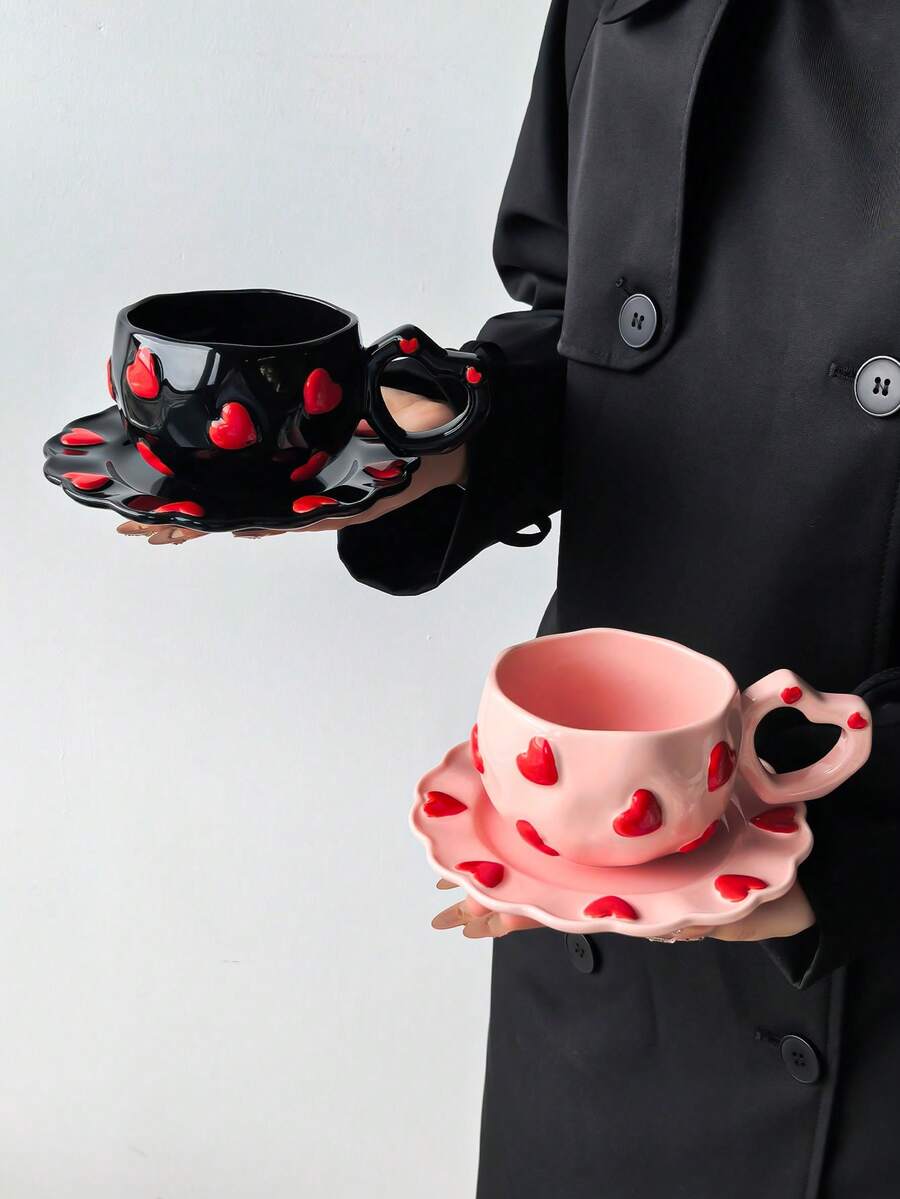 1pc 3D Embossed Heart Ceramic Tea Cup, Heart-Shaped Hollow Handle Asymmetrical Coffee Mug, 5 Colors Afternoon Tea Cup Gift