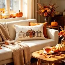 1件 Hello Pumpkin 刺繡感恩節與萬聖節抱枕套，裝飾性秋季豐收南瓜枕套 - 米色 - 查看 1